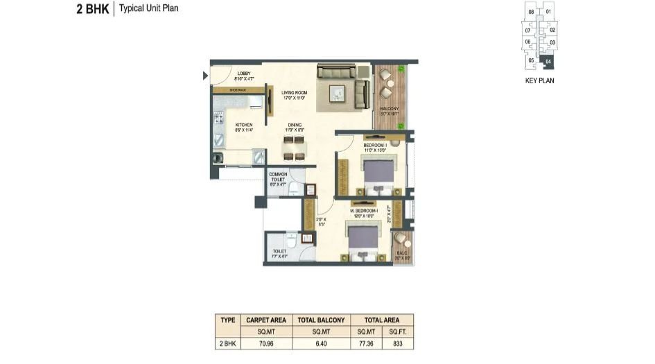 Miracle-Imperio-Towers-Typical-Floor-Plan-2 BHK-833 Sqft